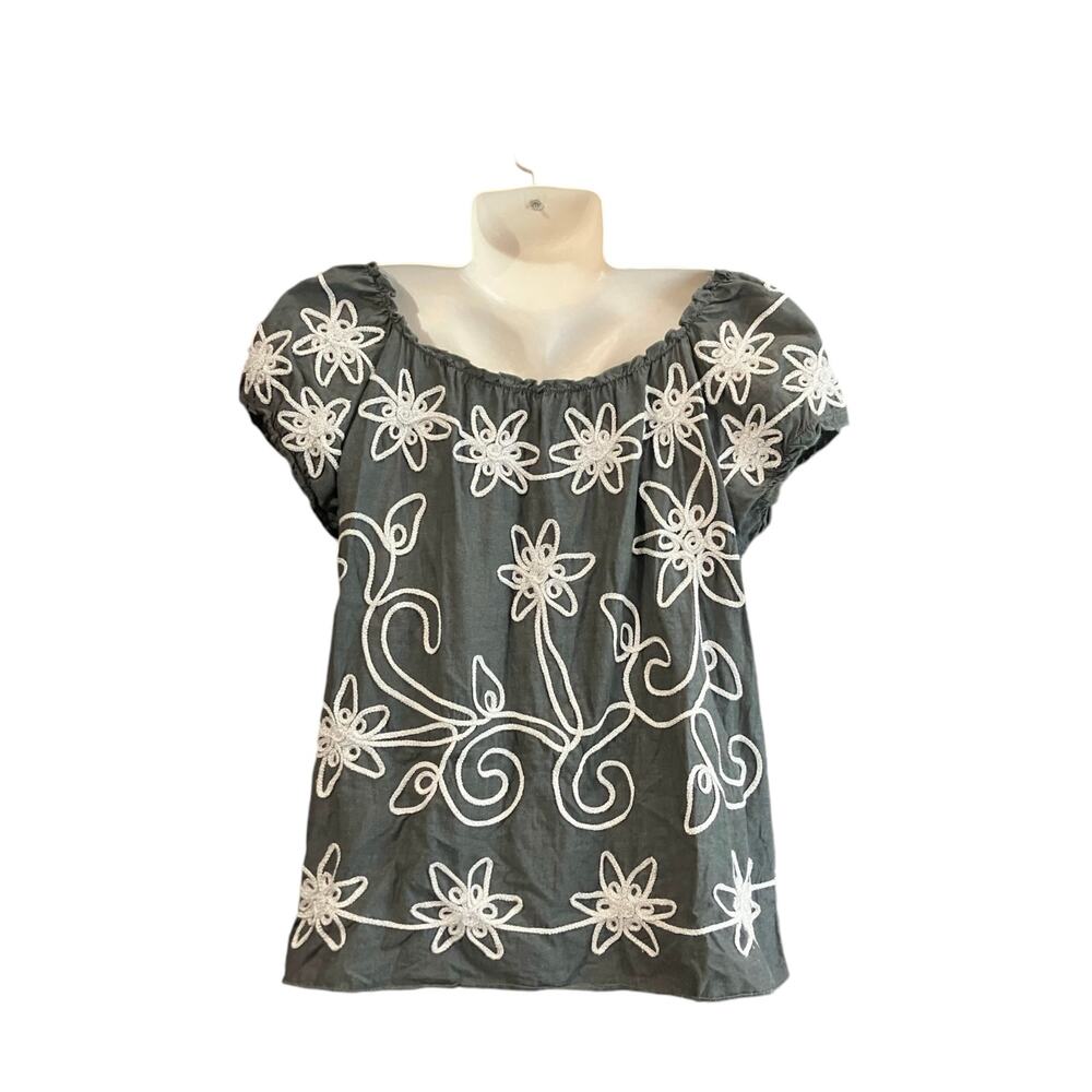 Lauren Michelle Women's Grey W/ White Sparkle Embroidrey Boho Casual Top SZ L - Picture 3 of 7